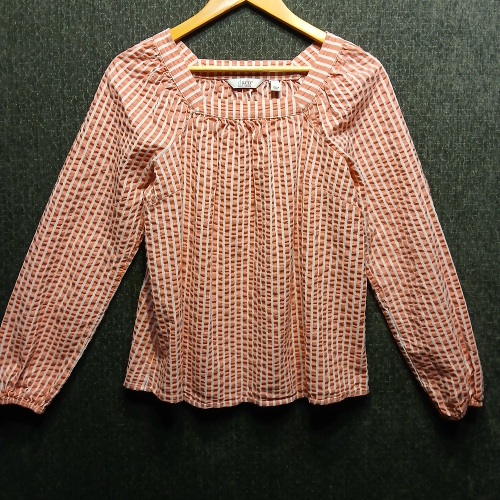 Denim & Co Womens XL Pink White Striped Seersucker Square Neck Top Long Sleeve